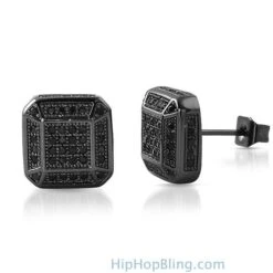 3D Smooth Box Black CZ Micro Pave Bling Earrings