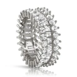 .925 Silver Baguettes CZ Chunky Ice Eternity Bling Ring In Rhodium