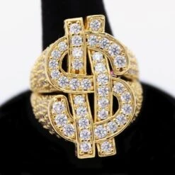 .925 Silver Cash Money Dollar Sign CZ Hip Hop Bling Ring