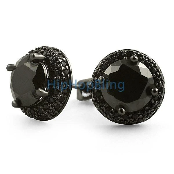 Black Solitaire Center Micro Pave Border CZ Earrings 1 Black Solitaire Center Micro Pave Border CZ Earrings
