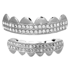 Double Row Bling Bling Grillz Silver Top Bottom Set