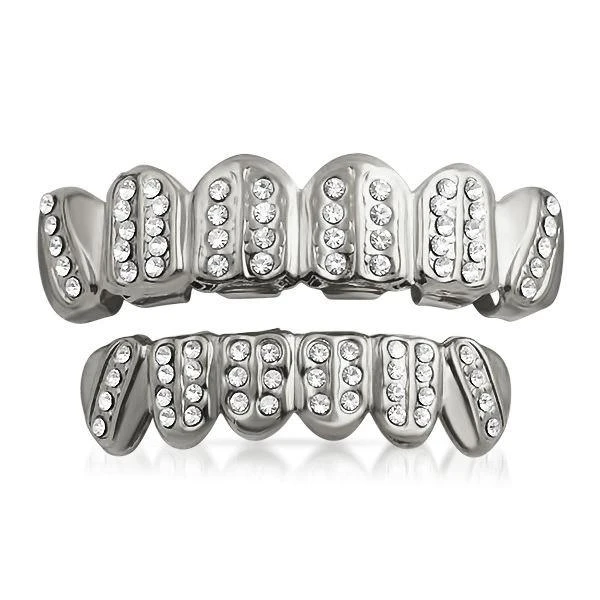 Grillz Ice Bars Silver Teeth Top Bottom Set 1 Grillz Ice Bars Silver Teeth Top Bottom Set