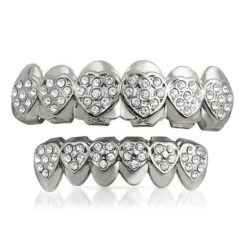 Heart Teeth Silver Grillz Top Bottom Set