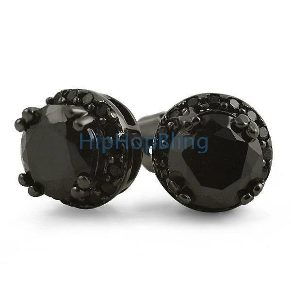 Ice Border Solitaire Black CZ Bling Bling Earrings 1 Ice Border Solitaire Black CZ Bling Bling Earrings