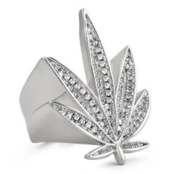 Marijuana Leaf 420 CZ Bling Bling Rhodium Ring