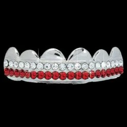RED / CLEAR Double Bar SILVER Iced Out Grillz Hip Hop Bling Grills TOP
