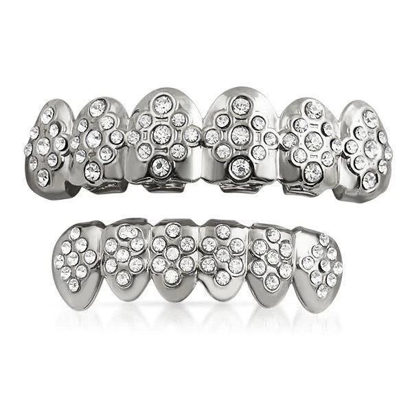 Silver Grillz Set Diamond Ice Style Teeth Set 1 Silver Grillz Set Diamond Ice Style Teeth Set
