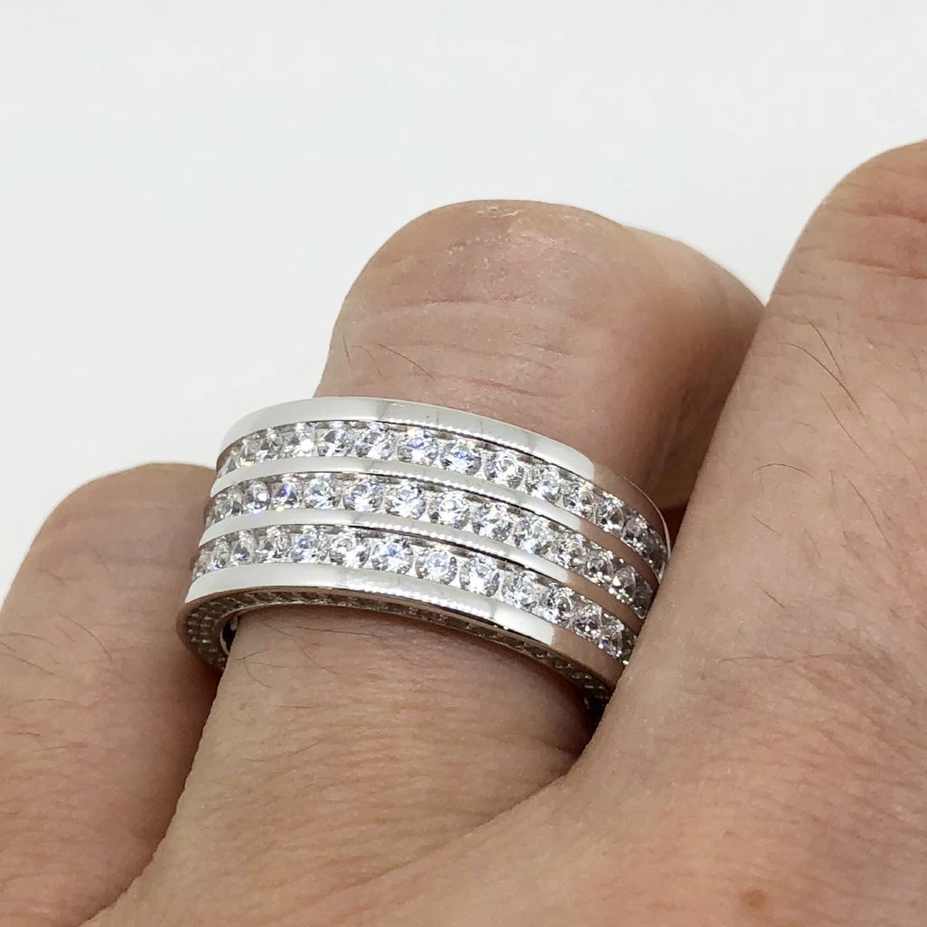 Triple Row CZ Eternity Band Bling Bling Ring In Rhodium 4 Triple Row CZ Eternity Band Bling Bling Ring In Rhodium - Image 4