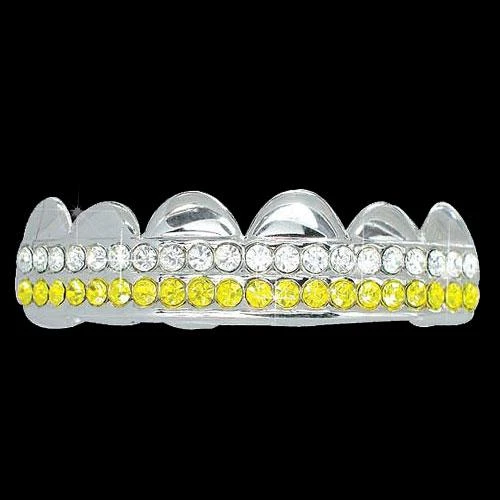 YELLOW / CLEAR Double Bar SILVER Iced Out Grillz Hip Hop Bling Grills TOP 1 YELLOW / CLEAR Double Bar SILVER Iced Out Grillz Hip Hop Bling Grills TOP